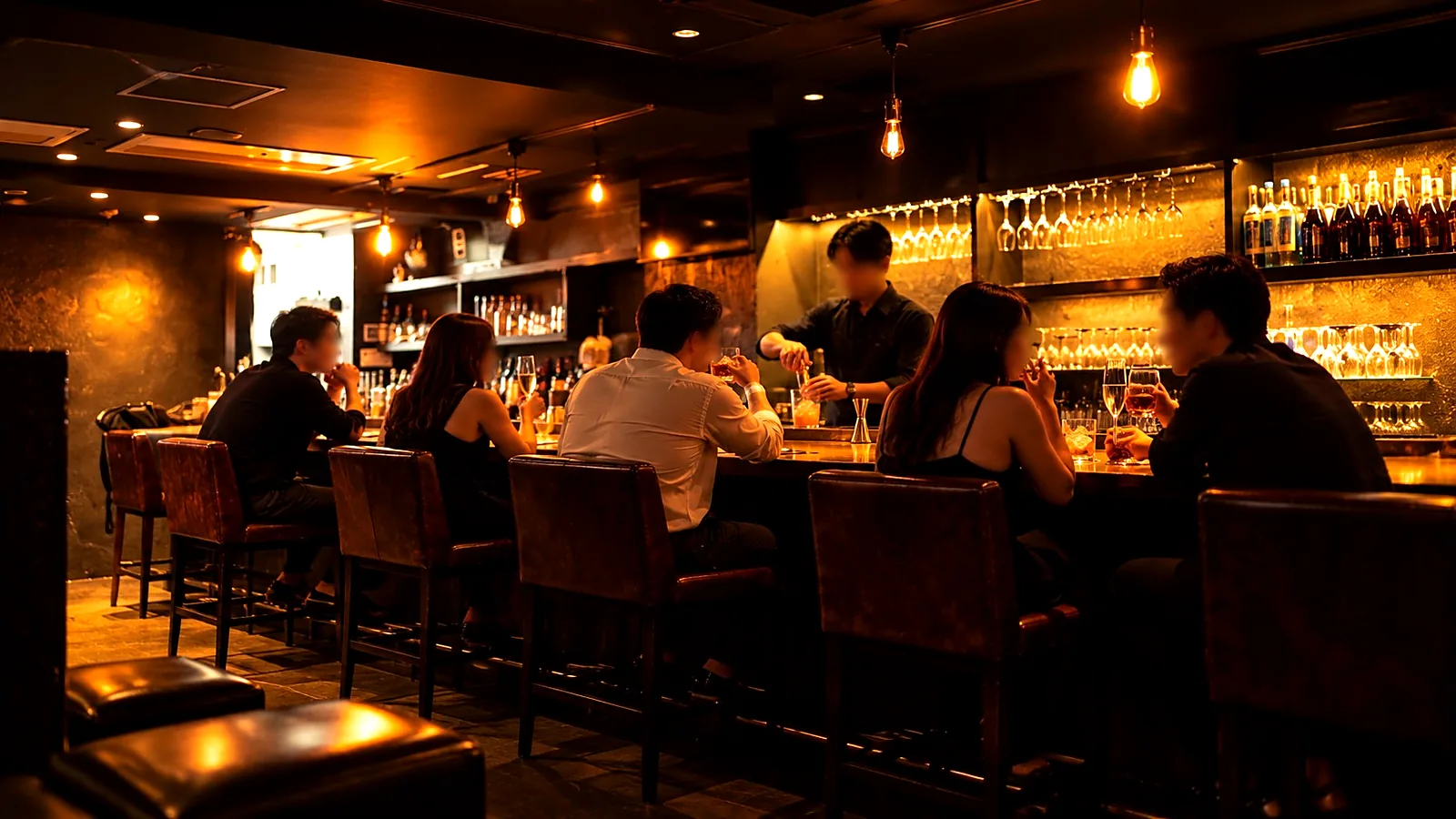 BAR EMBLEM のカウンターでドリンクを楽しむ様子
