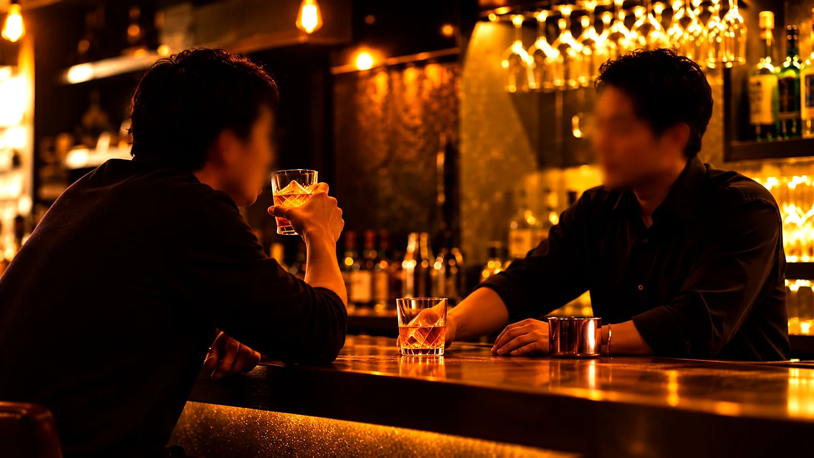 BAR EMBLEM のカウンターでウイスキーを楽しむ様子